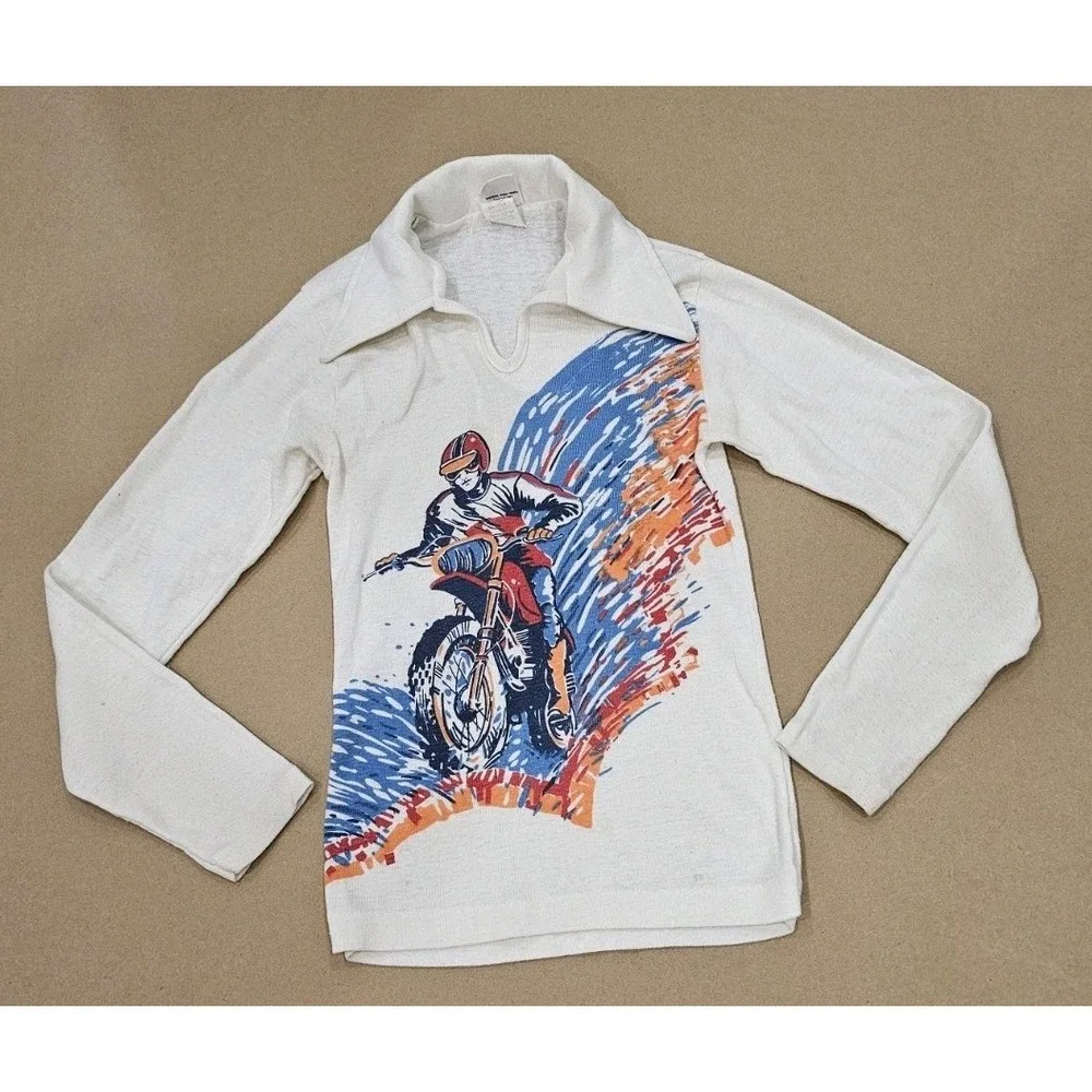 70's 80's Sears Motocross Dirt Bike Graphic Youth Boys Sz 12 Long Sleeve Shirt